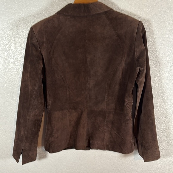 Margaret Godfrey Chocolate Brown Floral Embossed Leather Jacket Size Med Petite - Picture 4 of 7